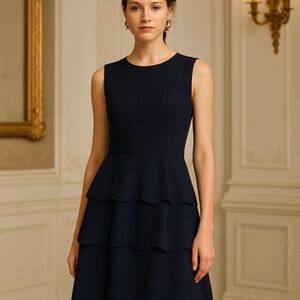 NWT J McLaughlin Winter Navy Dress Size 14 Tiered Scalloped Layers Timeless